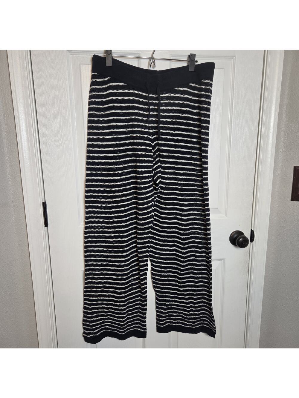 Pact Beachside Pants Small Blue Striped Crochet Knit Lightweight Casual Nautical